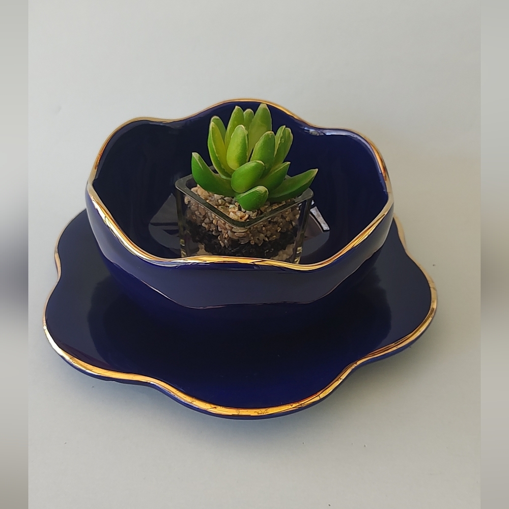 Luxurious Navy and Gold Ceramic Bowl Set Vintage By Italy